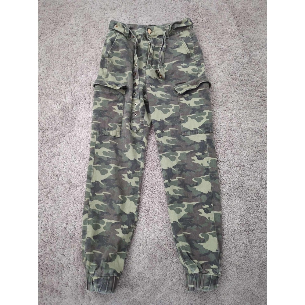 Almost Famous Pants Womens S Green Camo High Rise Tie Waist Stretch Cargo Jogger